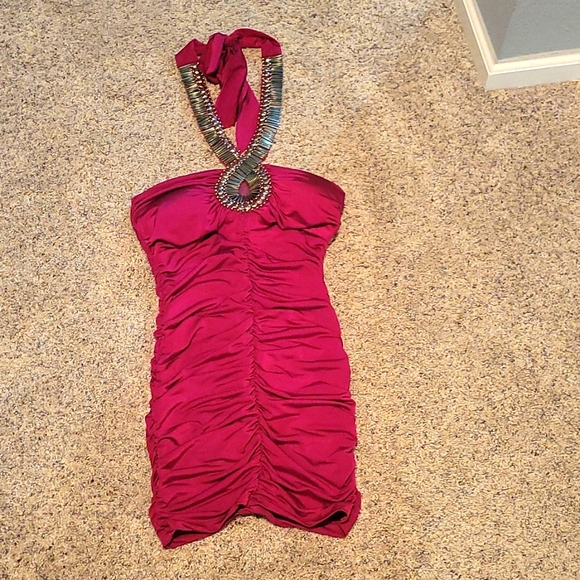 Fuchsia Mini Ruched Dress Sz:S - Picture 1 of 4